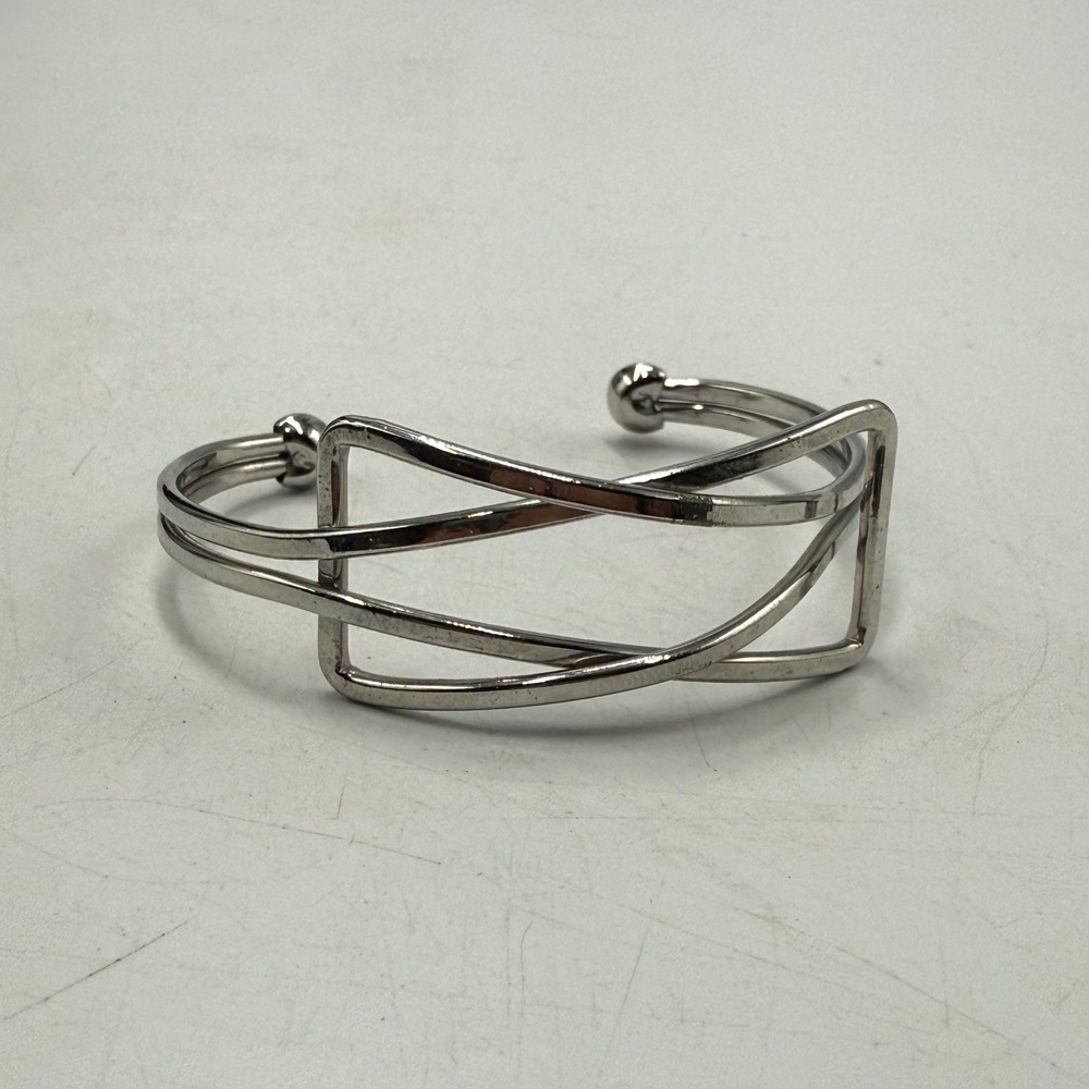 Silver Tone Geometric Open Cuff Bracelet Minimalist Modern Rectangular Design